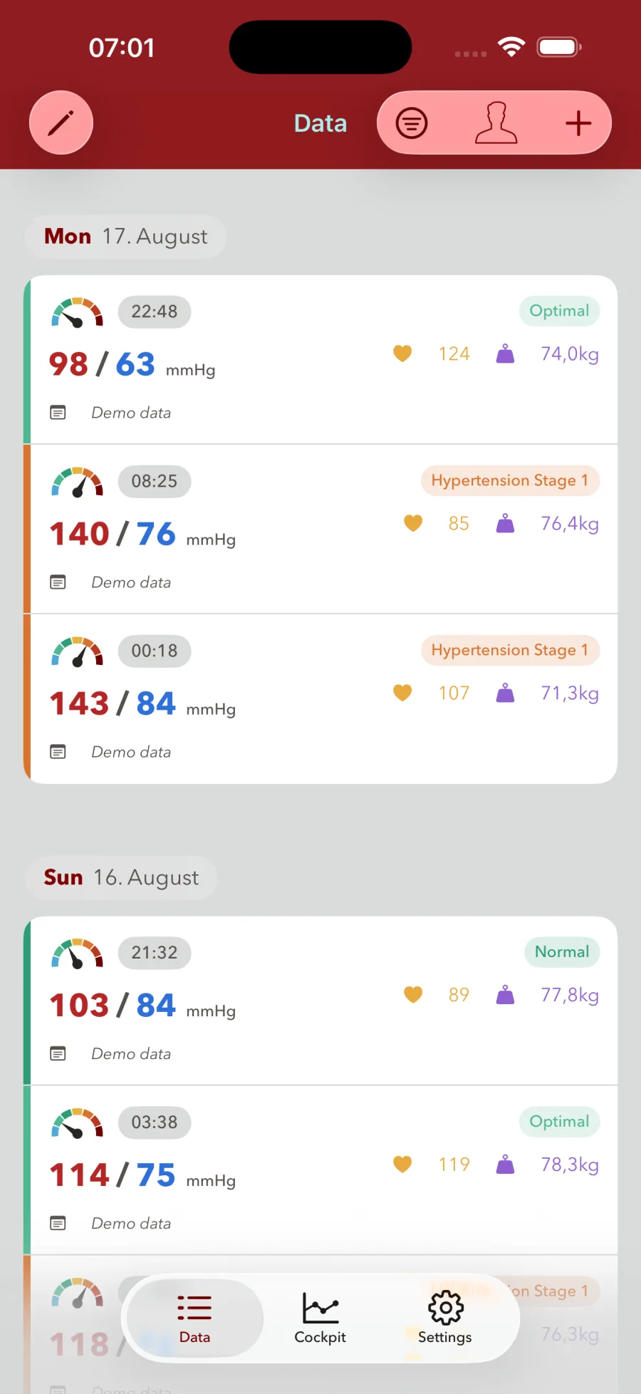 The BP Log data list on iPhone, each reading colour-coded by its WHO classification.