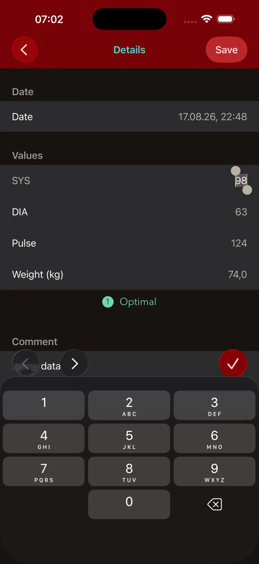Entering a new reading in BP Log: systolic, diastolic, pulse, weight and a note.