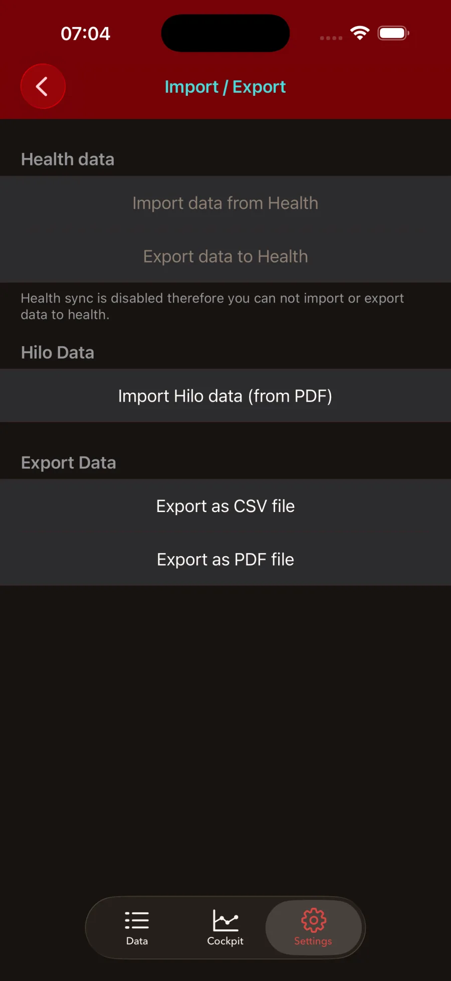 Import and export settings with Apple Health sync and Hilo PDF import.